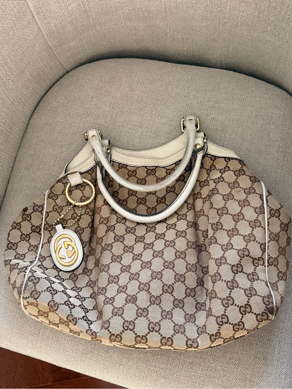 Gucci Beige GG Canvas Shoulder Bag with White Leather Trim and Gold Hardware